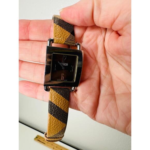 Coach Silver Square Bronze Face Watch Tan Plaid Watchband - Picture 8 of 14